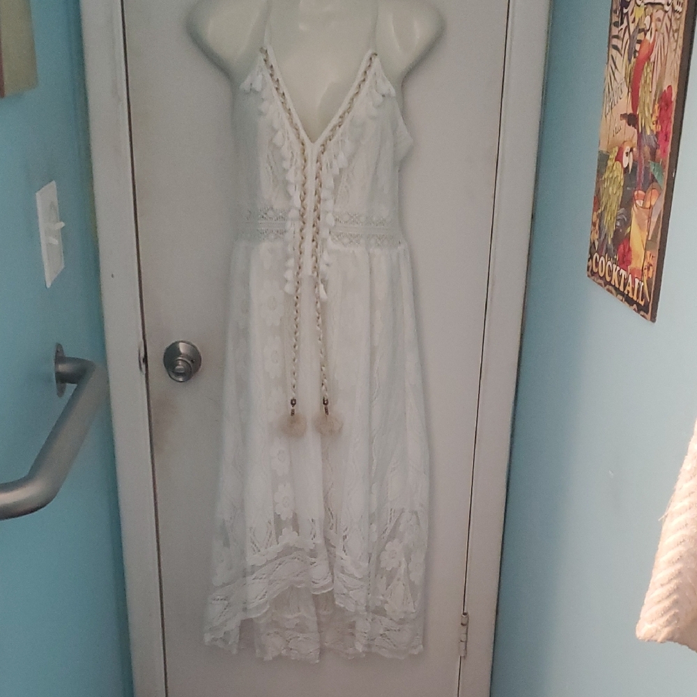 White Lace Maxi Dress with Tassel Tie